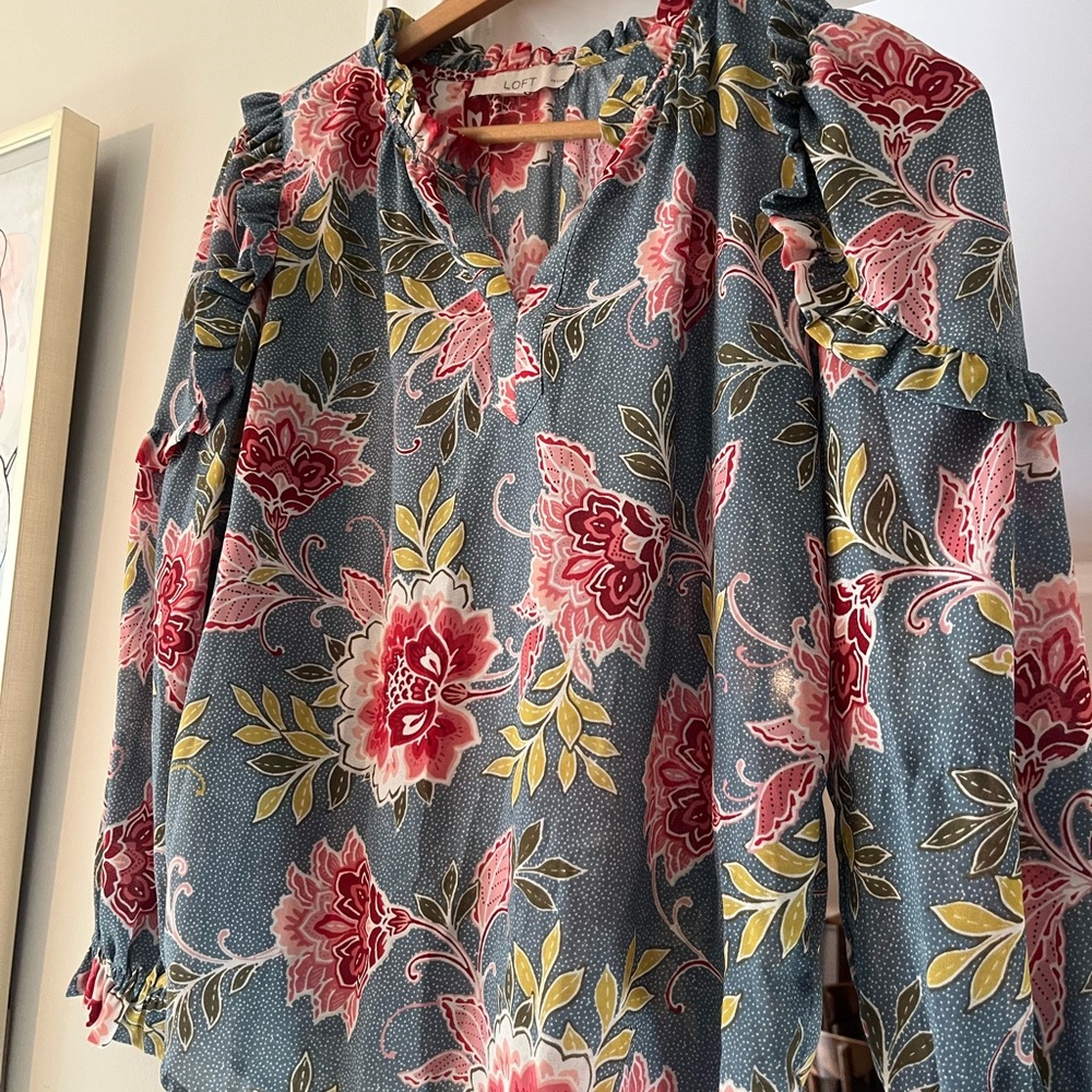Ann Taylor Floral Ruffle Blouse - Blue and Red